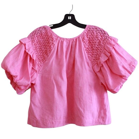 Anthropologie self contrast, pink linen, Pink Smocked Puff Sleeve Top size large - Picture 2 of 7